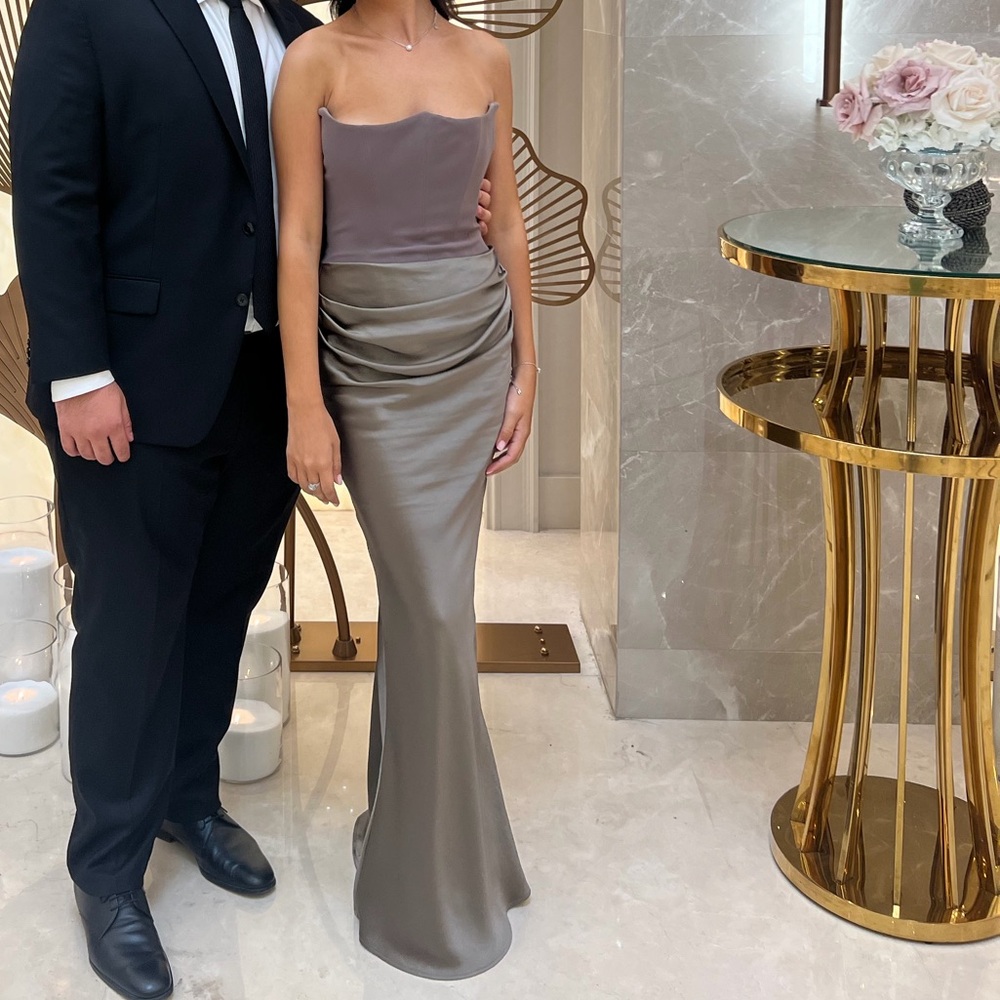 House of CB Brown Strapless Draped Gown